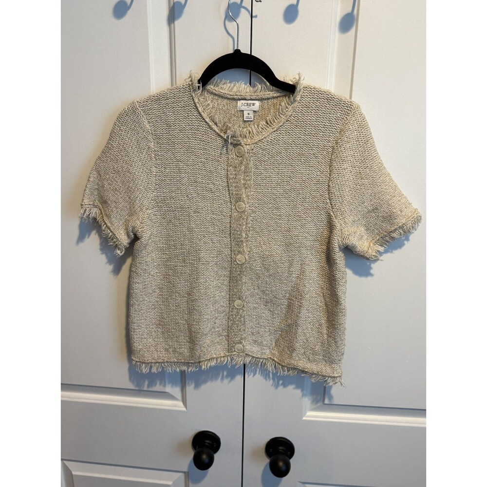 J Crew Women’s Fringe Lady Cardigan Sweater S Button Front Beige Cotton Short